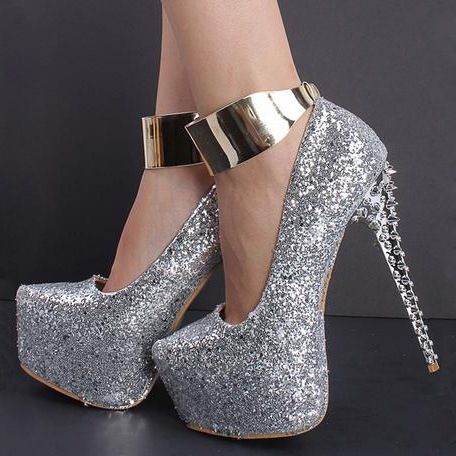 Silver Glitter Platform Ankelrem Klackar Med Nitar