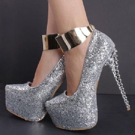 Silver Glitter Platform Ankelrem Klackar Med Nitar