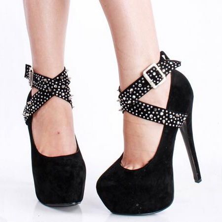 Svart Fuskmocka Strass Spike Cross Straps Platform Stilettklackar