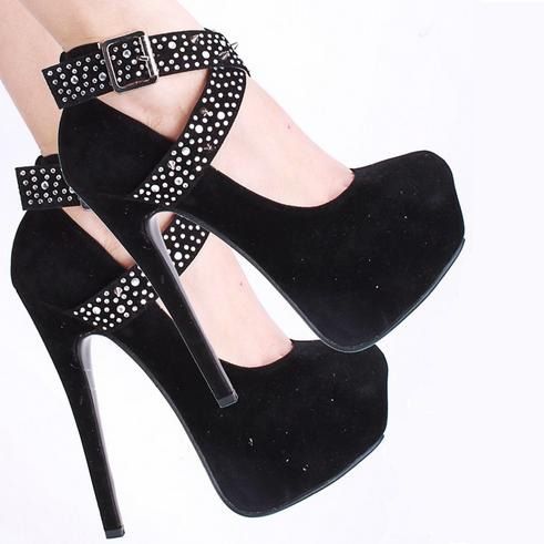 Svart Fuskmocka Strass Spike Cross Straps Platform Stilettklackar