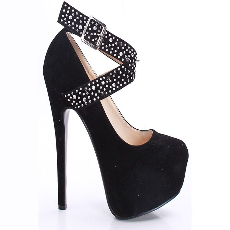 Svart Fuskmocka Strass Spike Cross Straps Platform Stilettklackar