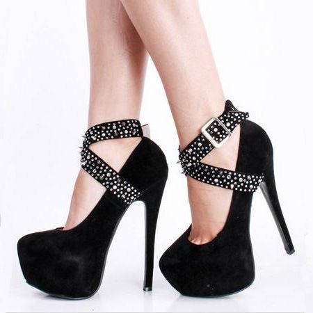 Svart Fuskmocka Strass Spike Cross Straps Platform Stilettklackar