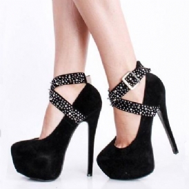 Svart Fuskmocka Strass Spike Cross Straps Platform Stilettklackar