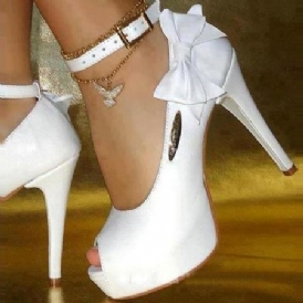 Vita Pu Peep Toe Bowtie Högklackade Balskor