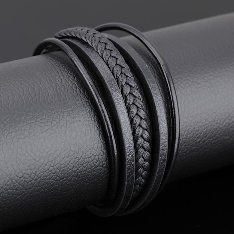 Flerlagers Svart Läderarmband För Män
