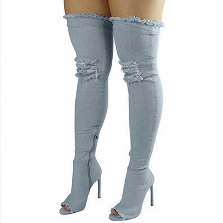 Blixtlås På Sidan I Jeans Peep Toe Knähöga Stövlar För Kvinnor