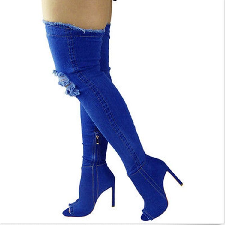 Blixtlås På Sidan I Jeans Peep Toe Knähöga Stövlar För Kvinnor