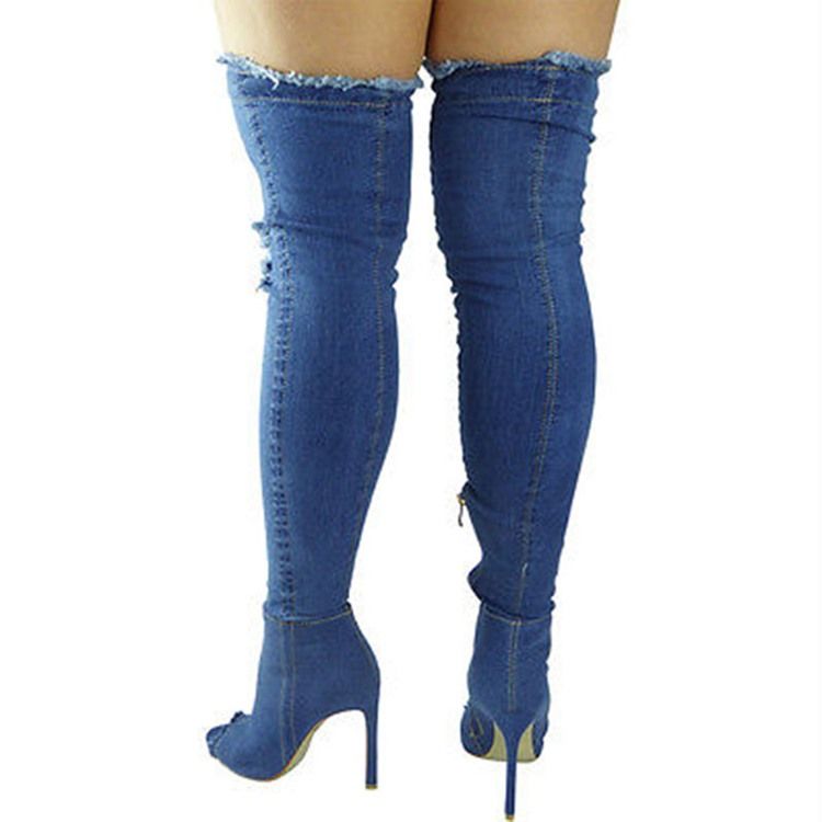 Blixtlås På Sidan I Jeans Peep Toe Knähöga Stövlar För Kvinnor