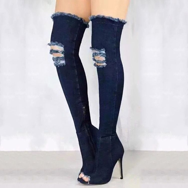 Blixtlås På Sidan I Jeans Peep Toe Knähöga Stövlar För Kvinnor