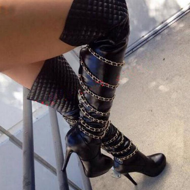 Chain Back Zip Stiletto Heel Over The Knee Stövlar Boots