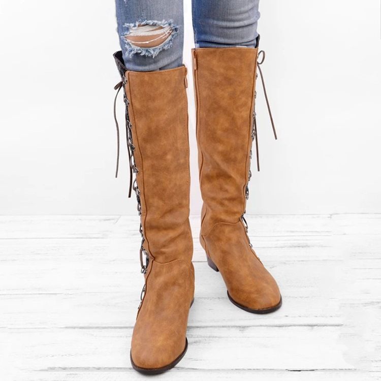 Chunky Heel Color Block Rund Toe Lace Up Stövlar Boots