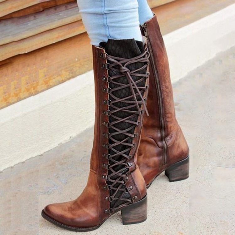 Chunky Heel Color Block Rund Toe Lace Up Stövlar Boots