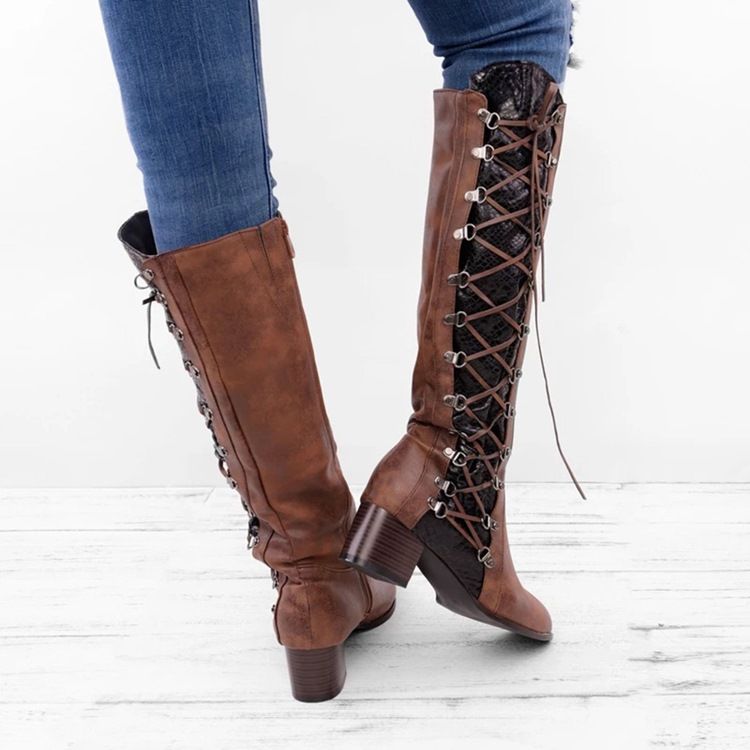 Chunky Heel Color Block Rund Toe Lace Up Stövlar Boots