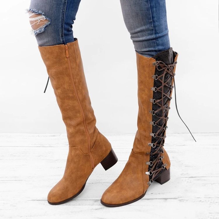 Chunky Heel Color Block Rund Toe Lace Up Stövlar Boots