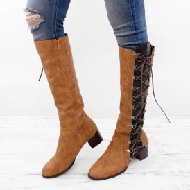 Chunky Heel Color Block Rund Toe Lace Up Stövlar Boots
