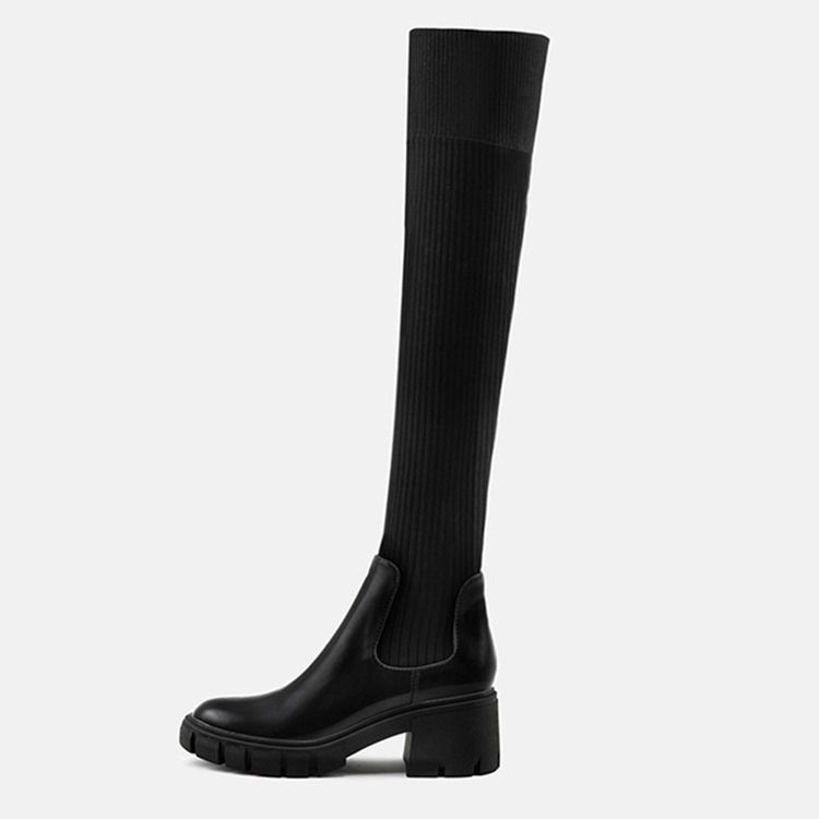 Chunky Heel Rund Toe Patchwork Pu-Stövlar
