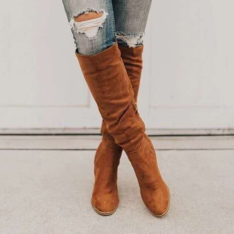 Chunky Heel Rund Toe Vanliga Pu-Stövlar