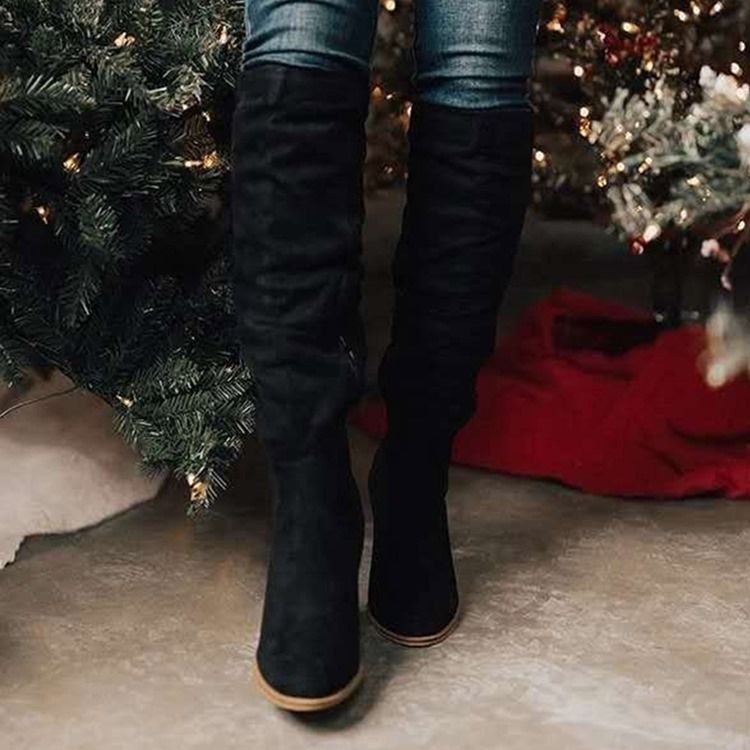 Chunky Heel Rund Toe Vanliga Pu-Stövlar