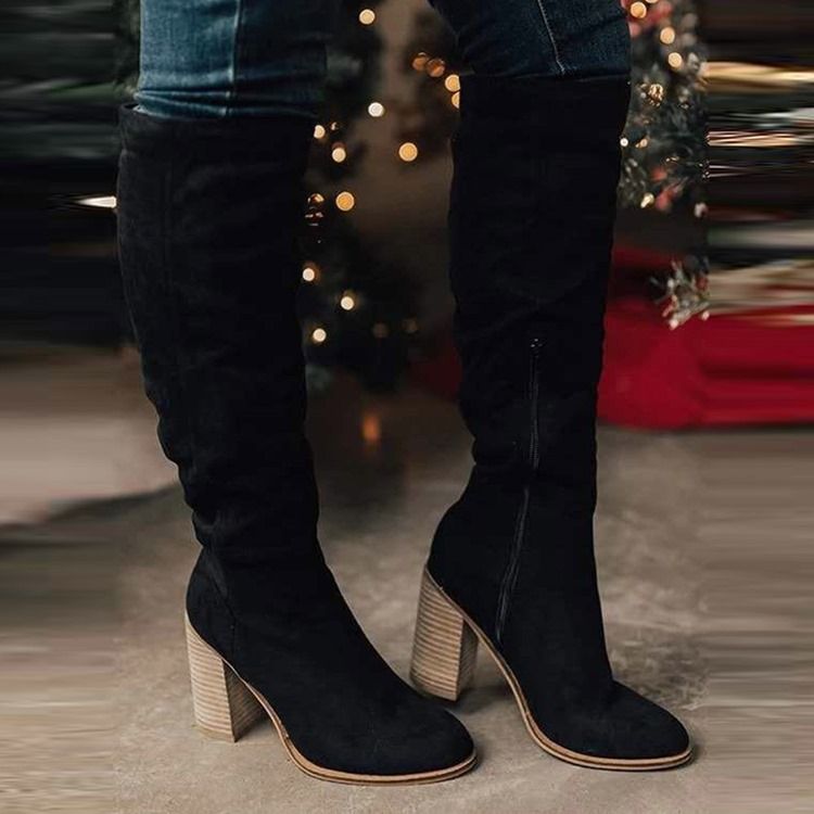 Chunky Heel Rund Toe Vanliga Pu-Stövlar