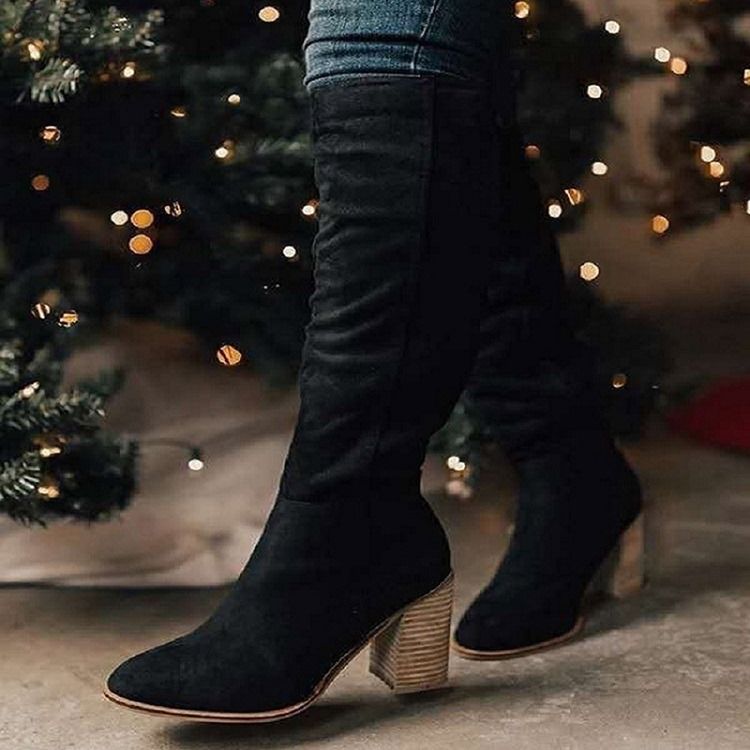 Chunky Heel Rund Toe Vanliga Pu-Stövlar