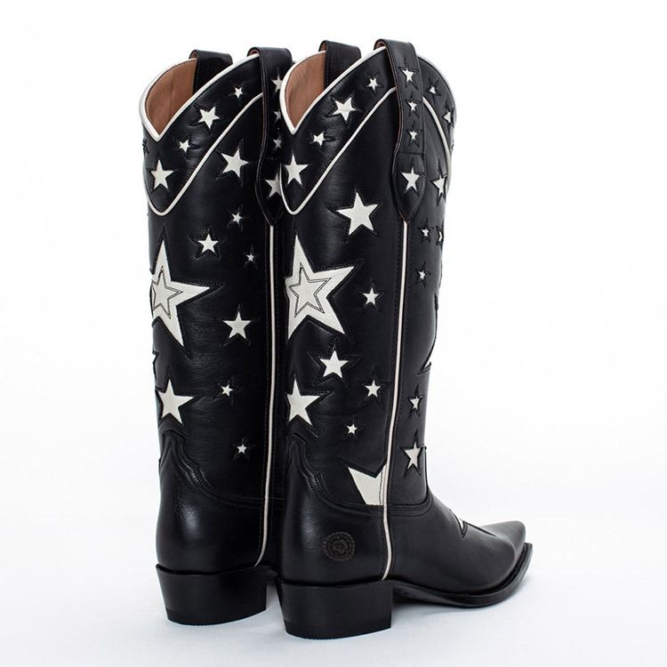 Chunky Heel Slip-On Spetsiga Tå Tråd Stövlar Boots