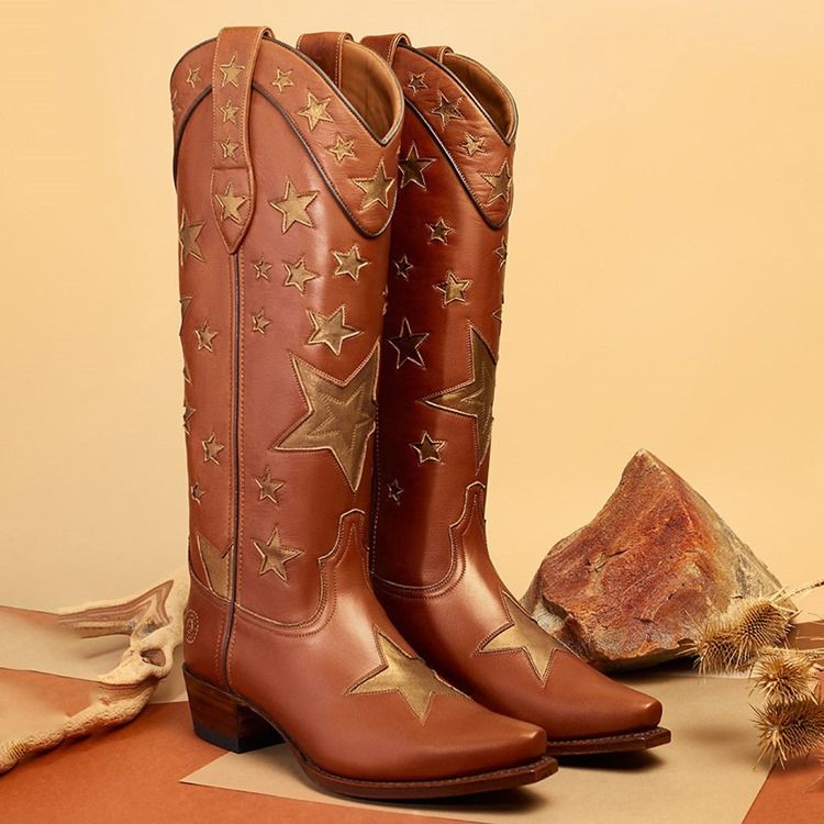 Chunky Heel Slip-On Spetsiga Tå Tråd Stövlar Boots