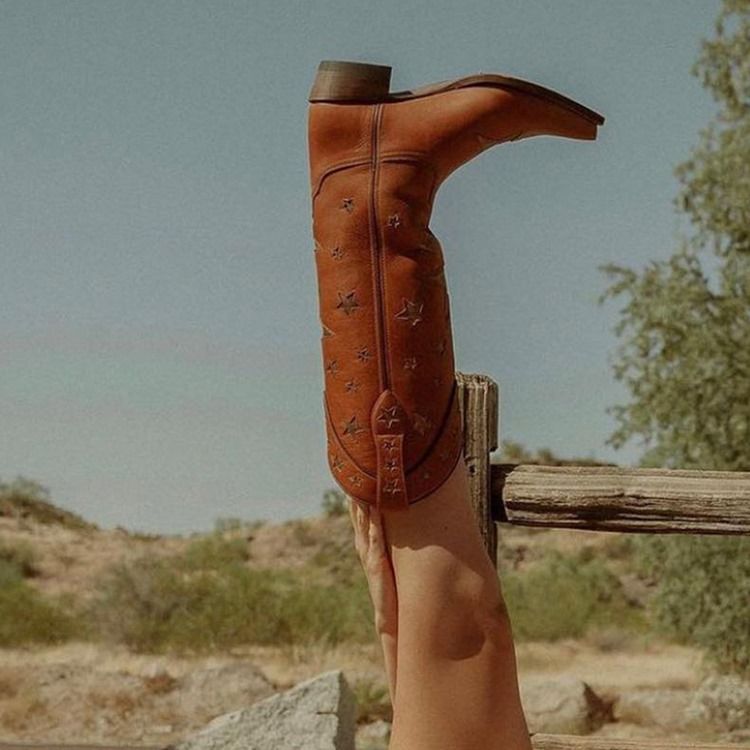 Chunky Heel Slip-On Spetsiga Tå Tråd Stövlar Boots