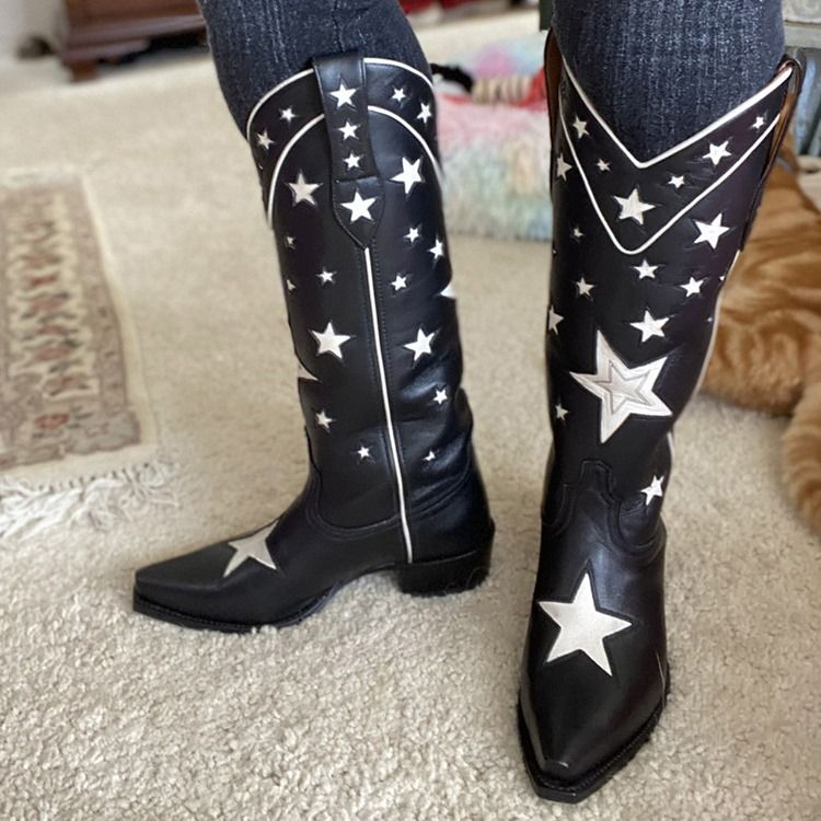 Chunky Heel Slip-On Spetsiga Tå Tråd Stövlar Boots