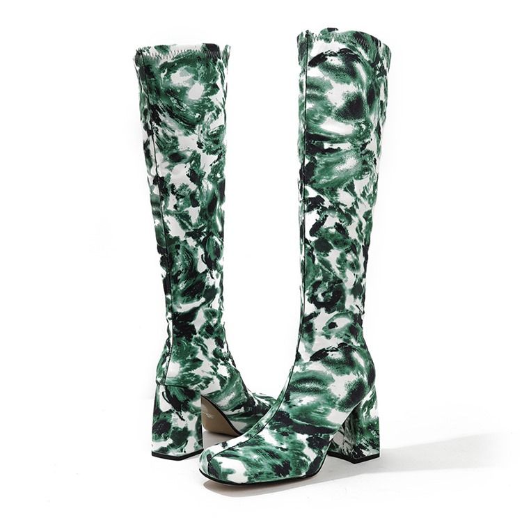 Chunky Heel Square Toe Camouflage Västerländska stövlar