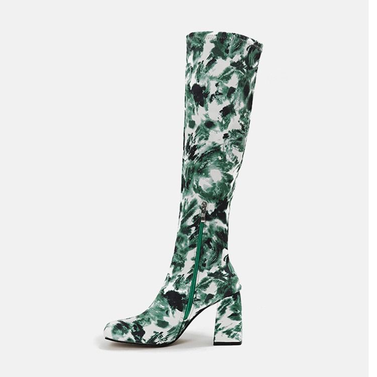 Chunky Heel Square Toe Camouflage Västerländska stövlar