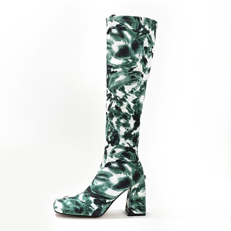 Chunky Heel Square Toe Camouflage Västerländska stövlar