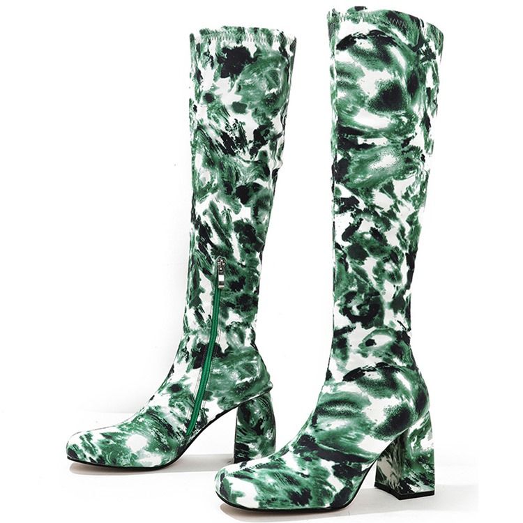 Chunky Heel Square Toe Camouflage Västerländska stövlar