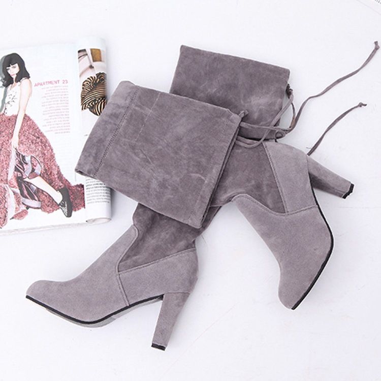 Chunky Heel Vanlig Rund Tå Knähöga Stövlar För Kvinnor