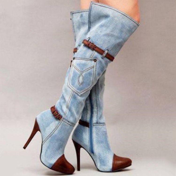 Denim Patchwork Stövlar Med Stilettklack Och Knähöga