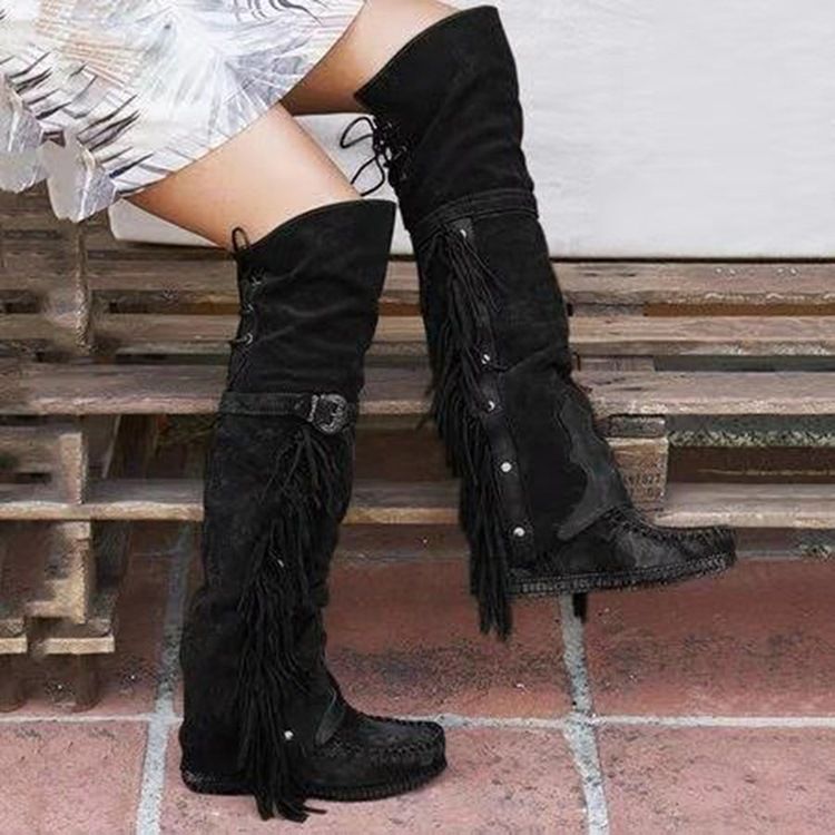 Lace-Up Back Rund Toe Patchwork Fringe Stövlar Boots