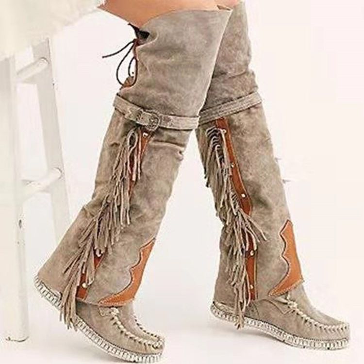 Lace-Up Back Rund Toe Patchwork Fringe Stövlar Boots