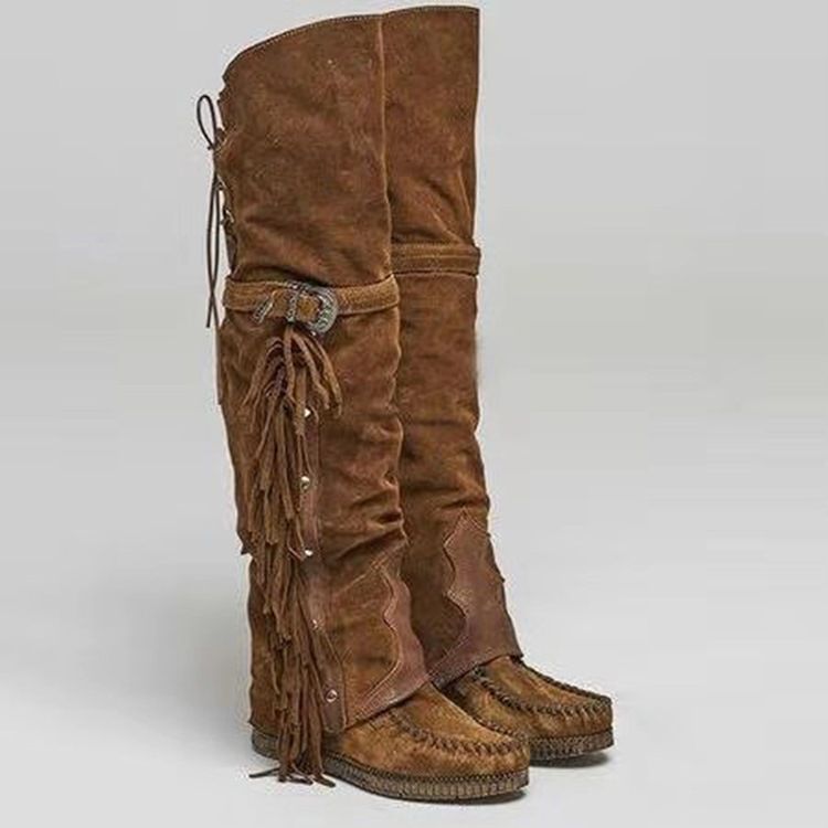 Lace-Up Back Rund Toe Patchwork Fringe Stövlar Boots