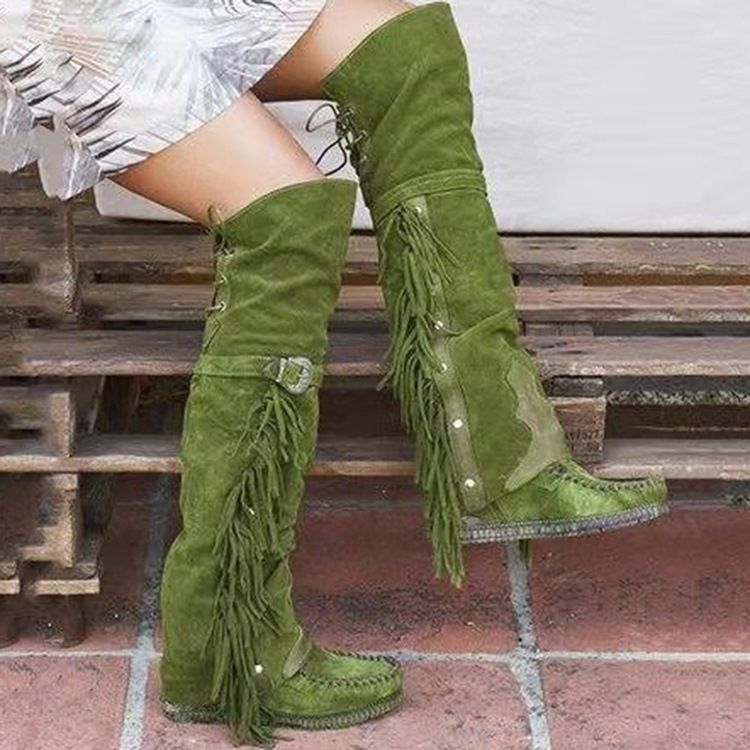 Lace-Up Back Rund Toe Patchwork Fringe Stövlar Boots