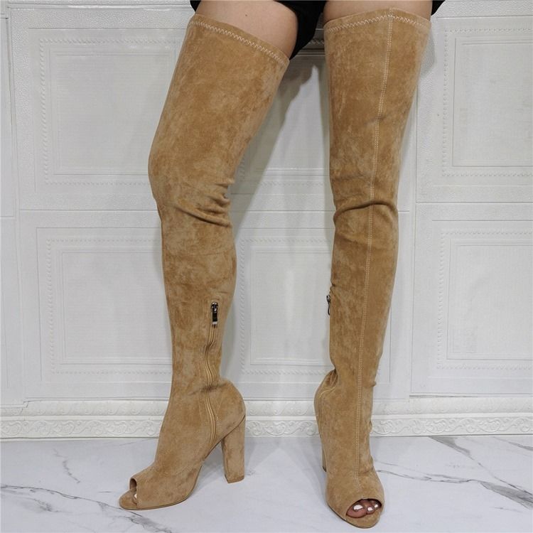 Peep Toe Plain Chunky Heel Professional Stövlar Boots