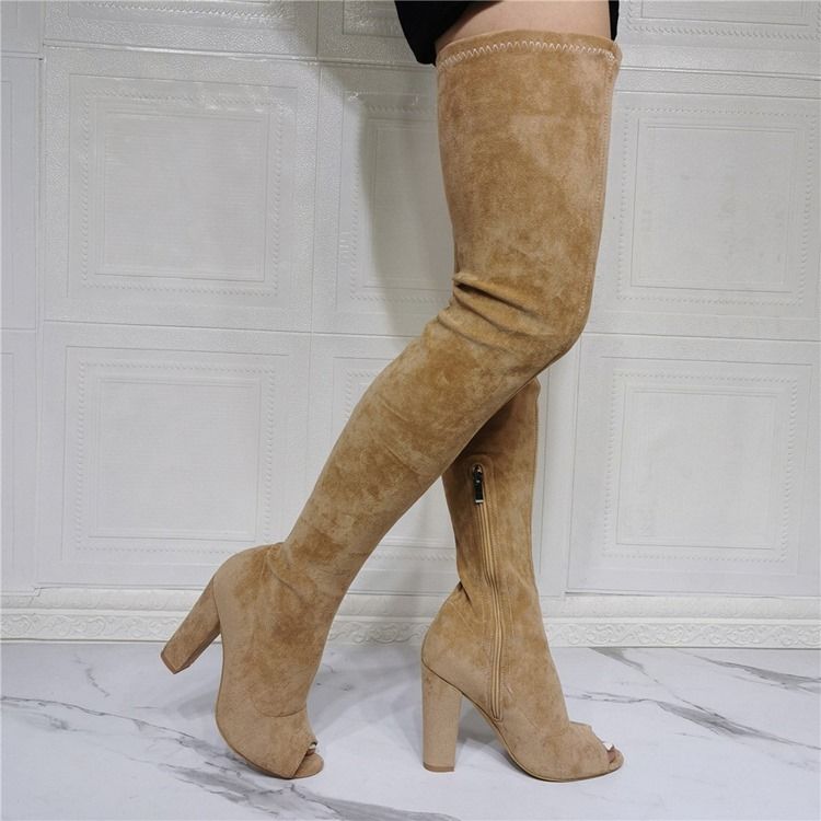Peep Toe Plain Chunky Heel Professional Stövlar Boots