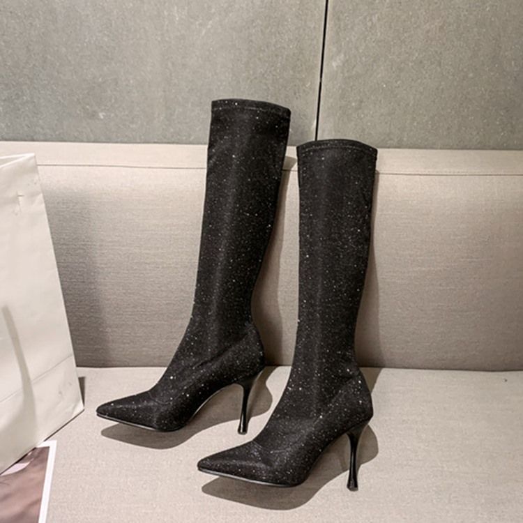 Slip-On Spetsad Tå Glitter Knähöga Stövlar