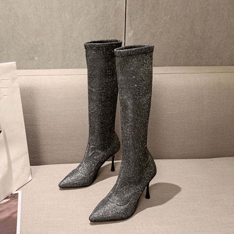 Slip-On Spetsad Tå Glitter Knähöga Stövlar
