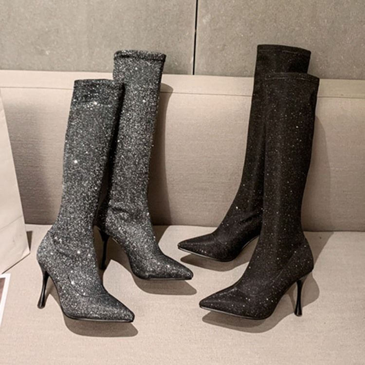 Slip-On Spetsad Tå Glitter Knähöga Stövlar