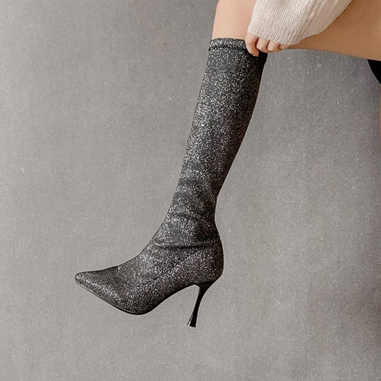 Slip-On Spetsad Tå Glitter Knähöga Stövlar