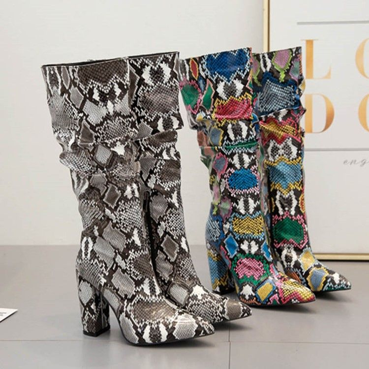 Zipper Chunky Heel Serpentine Knähöga Stövlar