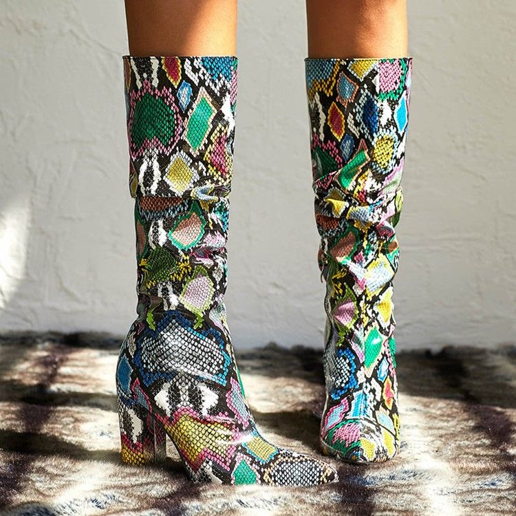 Zipper Chunky Heel Serpentine Knähöga Stövlar