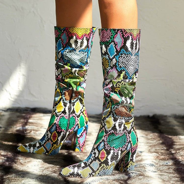 Zipper Chunky Heel Serpentine Knähöga Stövlar