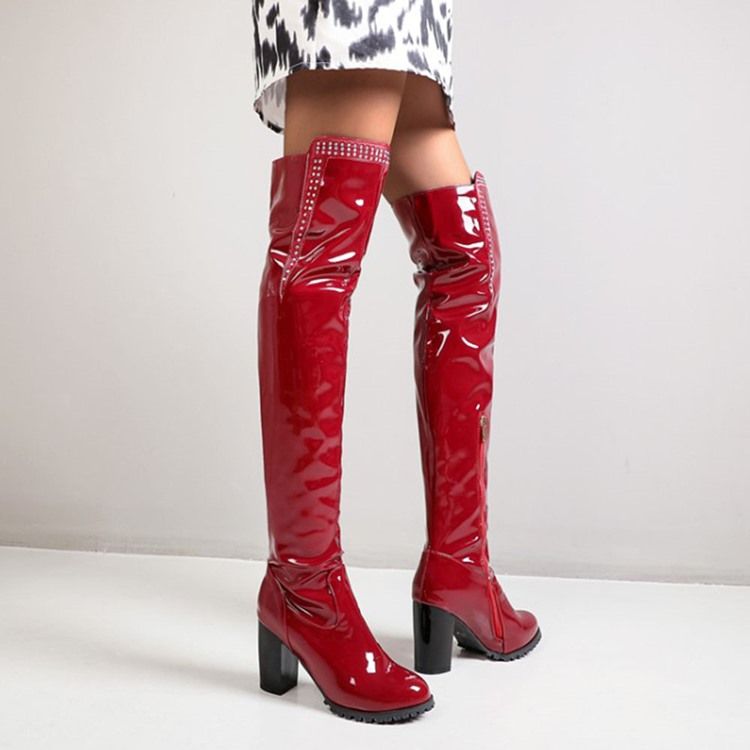 Zipper Rund Toe Chunky Heel Rhinestone Stövlar Boots