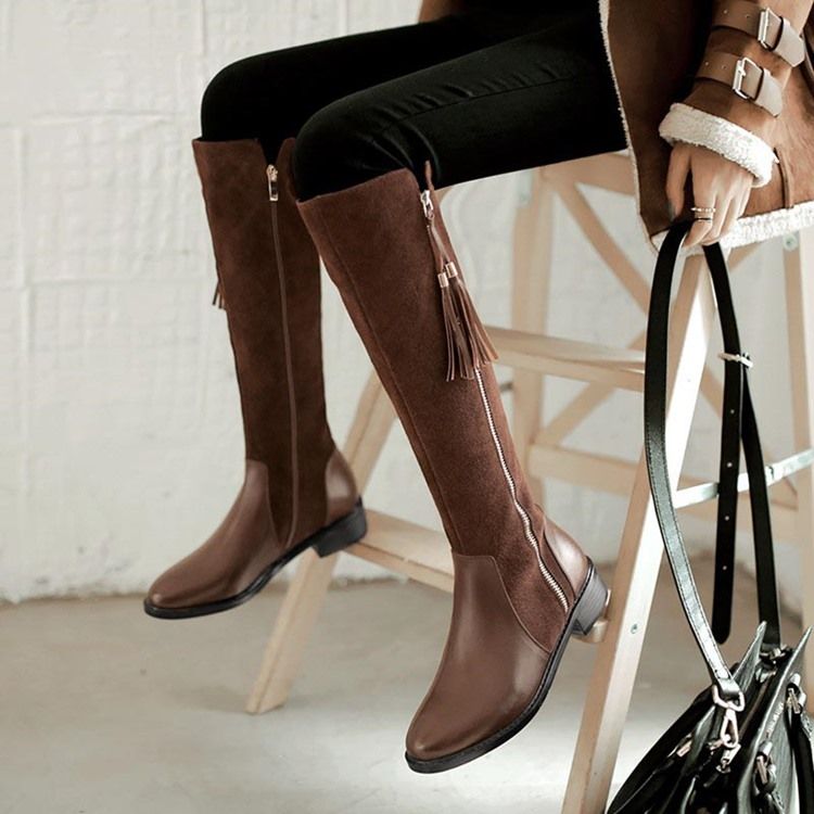 Zipper Rund Toe Patchwork Fringe Knähöga Stövlar För Kvinnor
