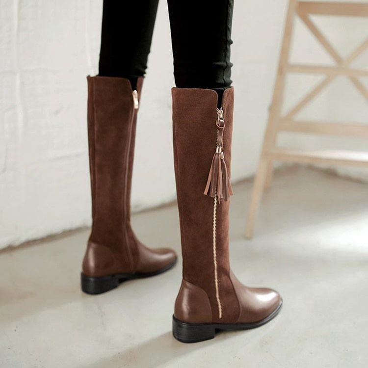 Zipper Rund Toe Patchwork Fringe Knähöga Stövlar För Kvinnor